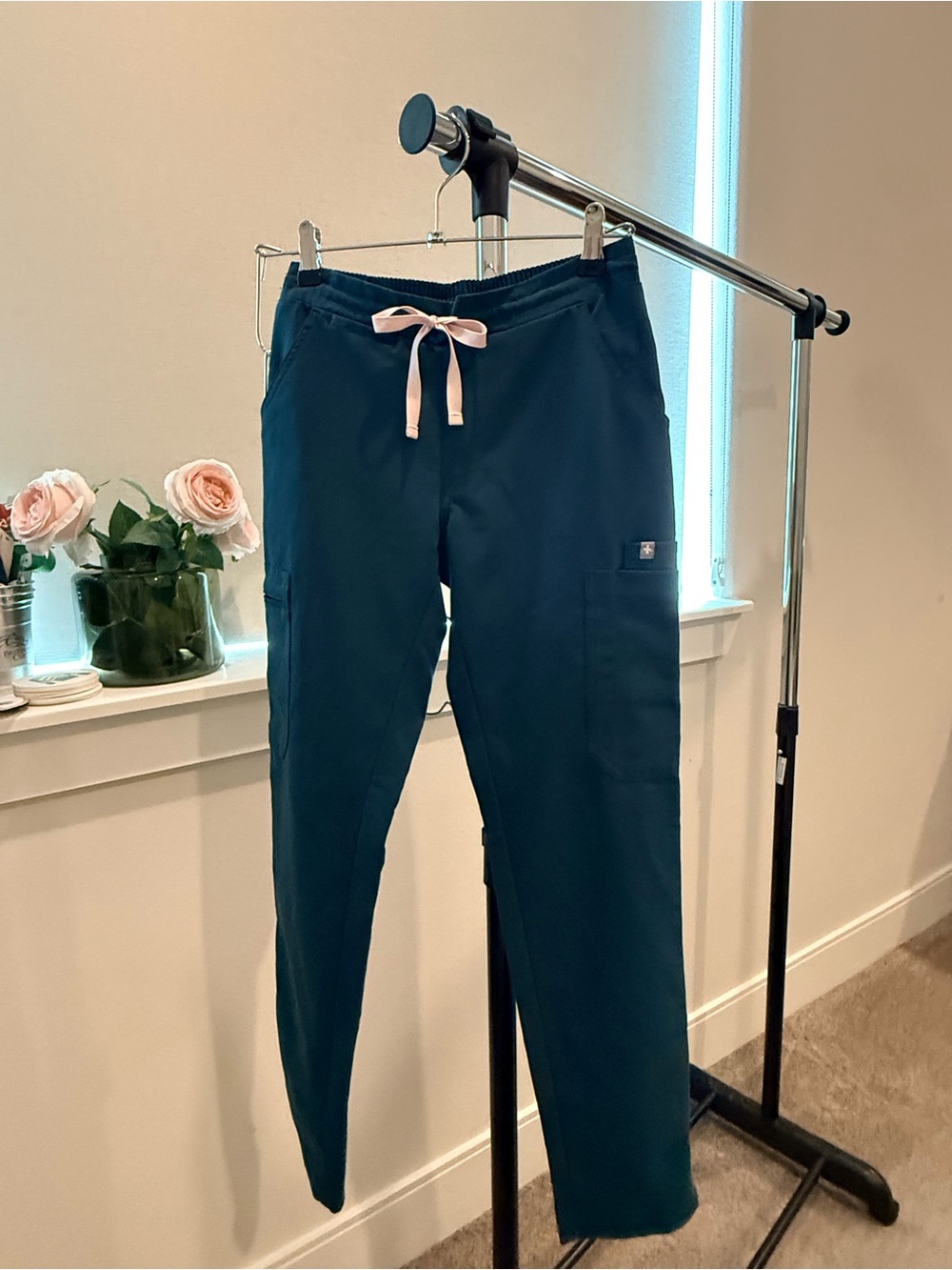 Figs Caribbean Blue Straight-Leg Scrub Pants with Pink Drawstring